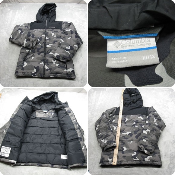Columbia Jacket Youth 10/12 Black Gray Camo Insulated Water Resistant Puffer - Picture 1 of 12